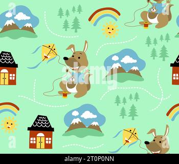 Vektor nahtloses Muster des Zeichentrickkängurus, der Drachen spielt. Berg mit heimatlichen Himmelsobjekten Stock Vektor