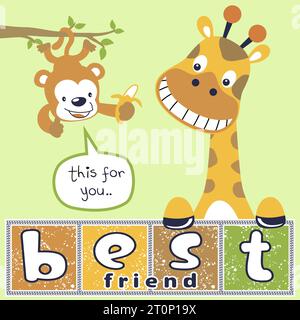 Lustiger Affe, der Banane mit Giraffe hält, Vektor-Zeichentrickillustration Stock Vektor