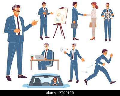 Geschäftsmann. Büroangestellte verschiedene Aktivitäten, Manager-Workaday, verschiedene Positionen und Emotionen, Präsentation, Verhandlungen, Auto fahren, sitzen Stock Vektor