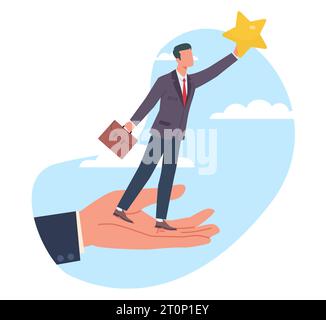 Business-Ziel-Helfer für Geschäftsleute. Riesige Handstützen. Mentorassistent oder Coach. Goldener Stern als Symbol für das Erreichen des Ziels. Ehrgeizige Chancen Stock Vektor
