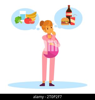 Schwangere Frau wählt zwischen gesunden und ungesunden Lebensmitteln. Mädchen denken an Junk Meal Snacks, gute Auswahl an Kalorien während der Schwangerschaft. Cartoon Flat Stock Vektor