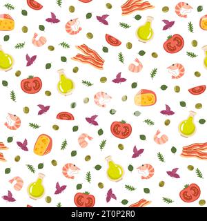 Nahtloses Muster mit Meeresfrüchten. Frische Restaurantspezialitäten, italienische Küche, Olivenöl, Garnelen, Speck und Tomaten. Dekor aus Textil, Geschenkpapier Stock Vektor