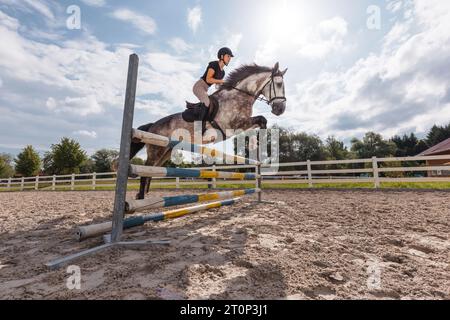 Eine Reiterin auf einem pappelgrauen Pferd, die an einem sonnigen Sommertag in der Outdoor-Arena über drei Bars springt. Pferdesport-Wettbewerbskonzept. Stockfoto