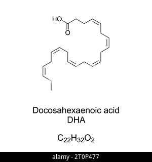 Docosahexaensäure, DHA, chemische Formel. Omega-3-Fettsäure, Strukturkomponente des menschlichen Gehirns, der Großhirnrinde, der Haut und der Netzhaut. Stockfoto