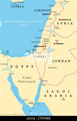 Die Südlevante, geografisch und historisch, einschließlich Israel, Palästina, Jordanien, Libanon, Südsyrien und Sinai-Halbinsel. Stockfoto