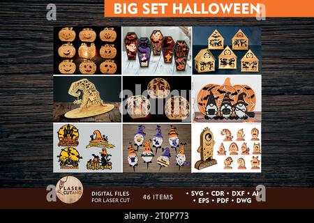 HALLOWEEN Set es ist ein Paket von lasergeschnittenen Dateien, bei denen es sich um digitale Dateien handelt, die verwendet werden, um Designs oder Muster mit einer Laserschneidmaschine zu erstellen. Stock Vektor