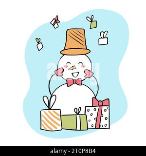 Fröhlicher Schneemann mit Geschenken in Kisten. Illustration mit Kritzeleien. Hallo Winter Stock Vektor