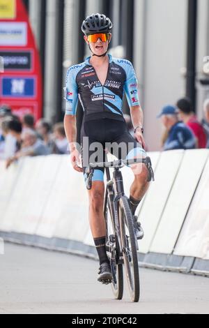 Beringen, Belgien. Oktober 2023. Mats Vanden Eynde in Aktion während des Juniorenrennens des Cyclocross-Rennens „Cross Beringen“, Sonntag, den 08. Oktober 2023 in Beringen, Rennen 1/7 des Exact Cross-Wettbewerbs. BELGA FOTO JASPER JACOBS Credit: Belga News Agency/Alamy Live News Stockfoto