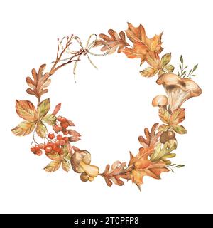 Bunter Blattkranz aus Herbstblättern, Pflanzen und Blume. Botanischer Rahmen mit Aquarell, isoliert auf weißem Hintergrund. Stockfoto