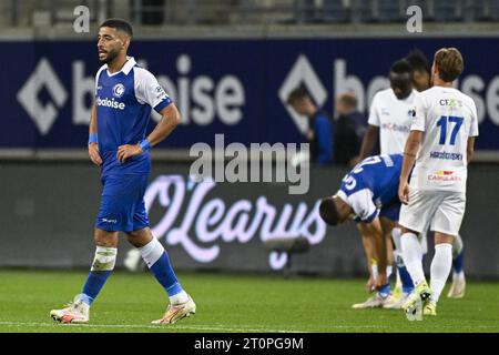 Gent, Belgien. Oktober 2023. Gent's Tarik Tissoudali sieht nach einem Fußballspiel zwischen KAA Gent und KRC Genk am Sonntag, den 08. Oktober 2023 in Gent, am 10. Tag der Saison 2023-2024 der ersten Liga der „Jupiler Pro League“ der belgischen Meisterschaft, niedergeschlagen aus. BELGA FOTO LAURIE DIEFFEMBACQ Credit: Belga News Agency/Alamy Live News Stockfoto