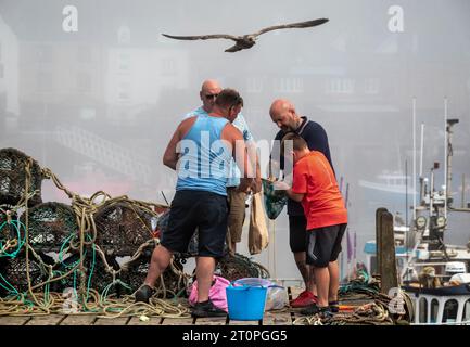 Eine Möwe kam, um ihre Fänge zu überprüfen. Whitby ist eine Küstenstadt in Yorkshire im Norden Englands, die durch den Fluss Esk geteilt wird. Stockfoto