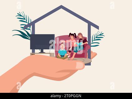 Einfache, flache Zeichentrickgrafik von Vaterhand, die seine glückliche Familie in einem Haus hält und ein sicheres Konzept bietet Stock Vektor