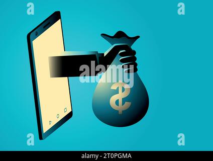 Geschäftskonzept die Darstellung einer Geldtasche mit Handgriff kommt aus dem Smartphone-Bildschirm, dem Online-, E-Business- und E-Commerce-Konzept Stock Vektor