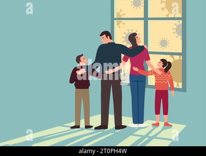 Einfacher Flachvektor-Cartoon Illustration einer Familie zusammen zuhause bleiben, Ihre Familie vor dem Covid-19-Pandemie-Konzept schützen Stock Vektor