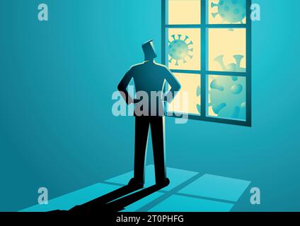 Vektordarstellung einer Figur, die durch das Fenster schaut. Selbstisolation, Quarantäne, zu Hause bleiben, Covid-19-Präventionskonzept Stock Vektor