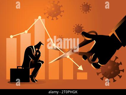 Finanz- und Wirtschaftskrise aufgrund der COVID-19-Pandemie gezwungen, eine Strategie zur Senkung der Verluste zu verfolgen, symbolisiert durch abnehmende grafische Diagramme und lustlose Geschäftsleute Stock Vektor