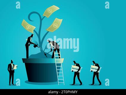 Geschäftskonzeptdarstellung einer Gruppe von Geschäftsleuten, die Geldbaum pflegen, Anlagegeschäftskonzept Stock Vektor