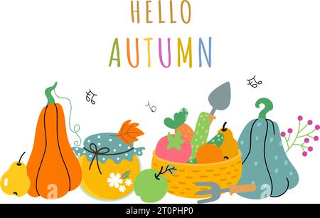 Hintergrund der Herbsternte mit Kürbissen und Gemüsekorb. Landwirtschaft Frischanpflanzung Lebensmittelmarkt, Bauernhof rohe Öko Produkte Vektor Elemente Stock Vektor
