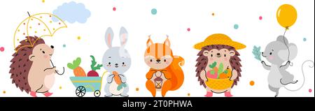 Niedliche Zeichentricktiere im Herbst-Style. Kaninchenbauer, lustige Igel, Maus mit Ballon und Rotfuchs. Isolierte kindliche Vektor-Wildzeichen Stock Vektor