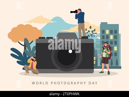 Einfache flache Cartoon-Vektordarstellung von Fotografen mit großer Kamera. Weltfotografietag Stock Vektor