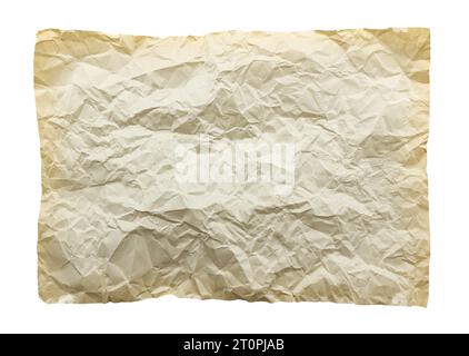 Ein Blatt altes gelbliches, zerknittertes Papier auf weißem Hintergrund. Isolieren Sie das Papier Stockfoto