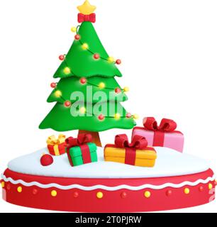 Dekorative 3D-Komposition mit Weihnachtsbaum, Geschenkboxen auf schneebedecktem Podium. Urlaubsrenderelement, helle Girlanden und Lampen. Neujahrsvektorszene Stock Vektor