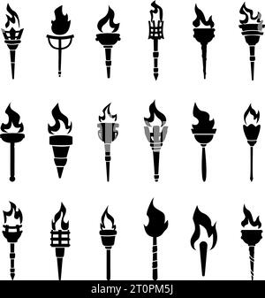 Schwarze Taschenlampen-Silhouetten. Isolierte Fackeln mit Flammen. Erfolgs- und Führungssymbole, Sieg in Wettbewerbsymbolen. Flambeau heute Vektorsatz Stock Vektor