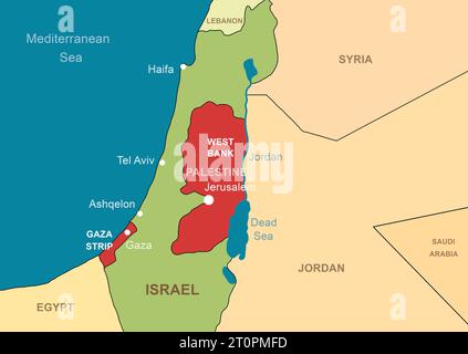 Israel und Palästina im Nahen Osten auf der Konturkarte. Palästinensische Gebiete im Gazastreifen und im Westjordanland. Jerusalem und Jordan auf Umrisskarte. Thema von Stockfoto