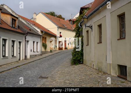 Velka Frantiskanska Kopfsteinpflasterstraße in der Altstadt von Znojmo, Mähren, Tschechische Republik Stockfoto