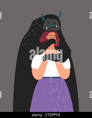 Angst, Angst vor einer Frau in Form eines großen, schweren Monsters. Vektor von Angst und Stress, Charakter mit Problemangst und verängstigter Illustration Stock Vektor