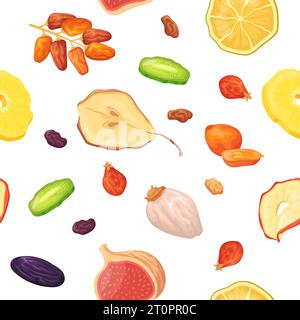Muster getrockneter Früchte. Nahtlose Textur von verschiedenen trockenen Früchten und Nüssen, Datum Rosinen Aprikose Zitrone Pflaume Ananas Mango Erdnuss Traube Cartoon Lebensmittel Hintergrund Vektor Illustration der nahtlosen Textur Lebensmittel Stock Vektor