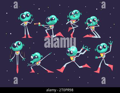 Aliens in Weltraumanzügen. Außerirdischer Kosmonaut oder Cartoon Alien marsmensch Figur im Kosmos, kindliche kleine lustige Monster grüne Kreatur, Spiel Vektor Illustration von außerirdischen Alien Stock Vektor