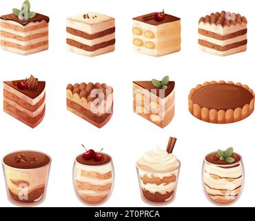 Tiramisu. Cartoon Kuchen Scheiben mit Kaffee Schokolade Schichten und Beeren Obst Stück, geschnitten Kuchen oder Käse Kuchen italienische Lebensmittel Dessert für Café Restaurant, Vektor Illustration von Schokolade Tiramisu Stock Vektor