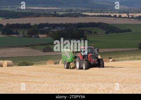 Ein roter Traktor und eine Ballenpresse, die bei Sonnenschein Rundballen mit Gerstenstroh auf einem Hügel mit Blick auf das Ackerland in Aberdeenshire herstellt Stockfoto