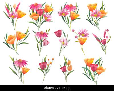 Blumenstrauß mit orangefarbenem Watercolor california Mohn, getrockneten Blumen und Kosmos Blumen isoliert auf weißem Hintergrund. Handbemalte Abbildung bis Stockfoto