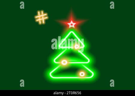 Neonbild eines glühenden Weihnachtsbaums mit einem Hashtag-Zeichen. Heirate Weihnachten und frohes neues Jahr. Unterzeichnen. EPS. Vektorgrüße oder Einladungskarte, Poster, Banner, Broschüre, Preis, Etikett, Hintergrundbild oder Web Stock Vektor