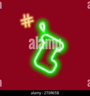 Neon-Weihnachtssocke. Design-Konzept für Weihnachtsgeschenke mit Hashtag. Neujahrsgrüße. Aufkleber. Symbol. EPS. Vektor für Poster, Banner, Broschüren, Begrüßungen oder Einladungen, Preis, Etikett, Hintergrundbild oder Web Stock Vektor