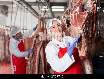 Weibliche Metzgerarbeiterin, die rohes Rindfleisch überprüft, das im Kühllager hängt Stockfoto