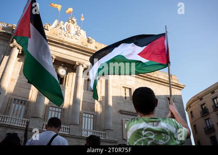 Barcelona, Spanien. Oktober 2023. Ein Kind schwenkt während der Demonstration eine palästinensische Flagge auf der Plaza Sant Jaume. Rund 100 Menschen versammelten sich am Sonntag, den 8. Oktober, auf der Plaza Sant Jaume in Barcelona, um palästinensische Rechte zu fordern und die israelische Apartheid zu verurteilen. Quelle: SOPA Images Limited/Alamy Live News Stockfoto