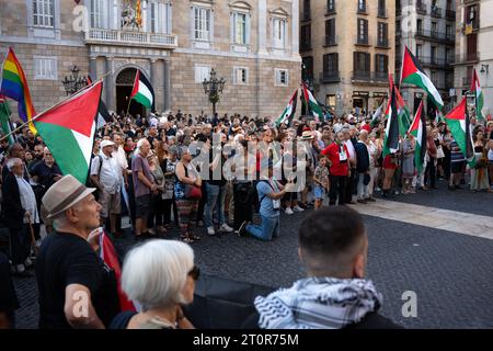 Barcelona, Spanien. Oktober 2023. Dutzende Demonstranten mit Fahnen versammeln sich auf der Plaza Sant Jaume, um Palästina während der Demonstration zu unterstützen. Rund 100 Menschen versammelten sich am Sonntag, den 8. Oktober, auf der Plaza Sant Jaume in Barcelona, um palästinensische Rechte zu fordern und die israelische Apartheid zu verurteilen. Quelle: SOPA Images Limited/Alamy Live News Stockfoto