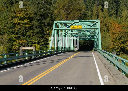 Die Stossel Bridge in Carnation, die den Snoqualmie River überquerte, errichtete 1951 einen Warren durch die Trusspur Stockfoto