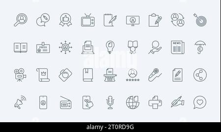 Dünne Symbole für das Erzählen von Geschichten setzen die Vektorillustration. Umriss schwarze Symbole Sammlung von Autoren, die Geschichten erzählen, Nachrichteninterviews von Journalisten, digitale Inhalte und Informationen von Bloggern in sozialen Medien Stock Vektor