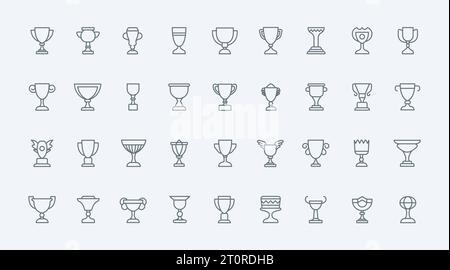 Trophäenbecher, Prämienlinien-Symbole setzen Vektorillustration. Abstrakte, dünne Umrisse der Trophäen-Symbole, Belohnung für Sportmeister und Sieger in der Meisterschaft, Becherpreis für das Fußballteam Stock Vektor