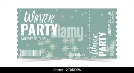 Winterparty Ticket-Layout-Vorlage Kartendesign. Schneeflocken auf blauem Hintergrund. Einladungskarte für Winterferien. Illustration der Vektorabwicklung. Stock Vektor