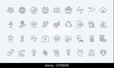 Die Symbole für dünne Linien für CO2-Emissionen setzen die Vektordarstellung. Darstellung von CO2-neutralen Symbolen und Null-Symbolen, Verringerung der Treibhausgasemissionen und der Umweltverschmutzung durch umweltfreundliche nachhaltige Energie, Industrie Stock Vektor