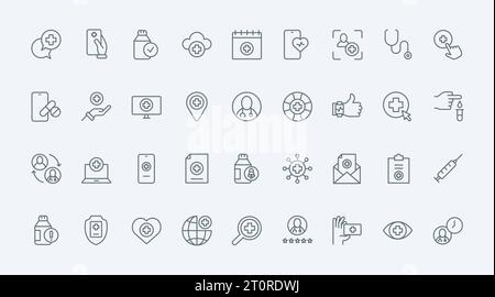Symbole für digitale Medizin setzen Vektorillustration. Abstrakte dünne Umrisse medizinische Symbole und telemedizinische Sammlung, Online-Kommunikation zwischen Arzt und Patient zur Diagnose per Telefon, Laptop Stock Vektor