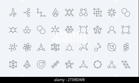 Moleküle Modelle dünne Linien Symbole setzen Vektorillustration. Umrisssymbole verschiedener Molekülstrukturen mit Atomen in Kette, chemische Piktogramme der Substanz für die wissenschaftliche medizinische Forschung Stock Vektor