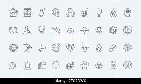 Globale Umweltkatastrophen aufgrund des Klimawandels dünne Linien setzen Vektorillustration. Skizzieren Sie Symbole für extreme Wetterprobleme, Erdbeben und Dürre, Ozeansturm und Hurrikan, schmelzendes Eis Stock Vektor