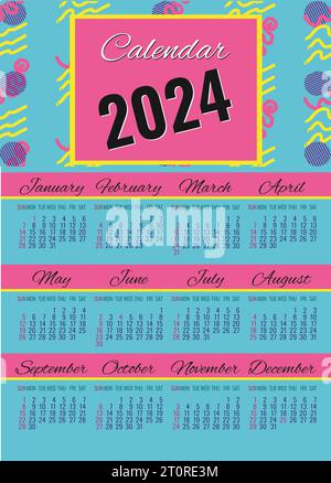Kalender 2024 Frohes neues Jahr. Vertikales Format blau violett rosa. Modische helle Farben im Stil der 90er Jahre Layoutvorlage. Design-Poster, Banner. Vektorabbildung. Stock Vektor