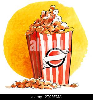 Kiste Popcorn. Zeichnung von Tinte und Aquarellen Stockfoto
